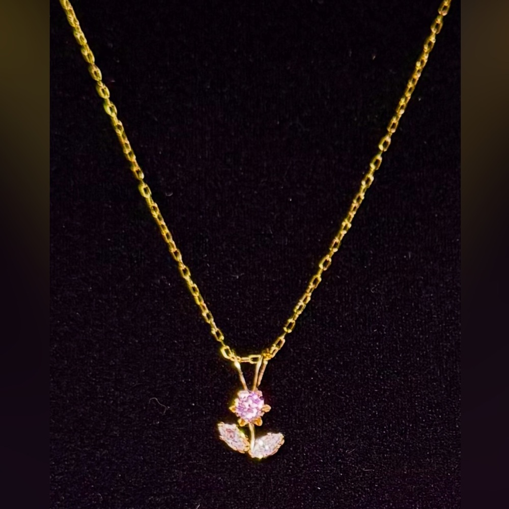 NEW 10K Yellow Gold Flower CZ Pendant with 925 SS Gold Plated 16” Chain